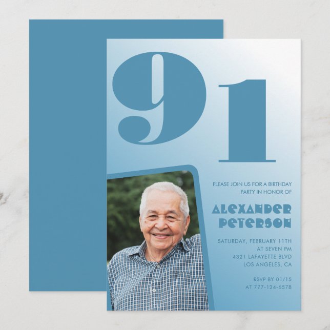 Retro Blå Gradient Foto 91-årsdag Inbjudningar (Fram/baksida)