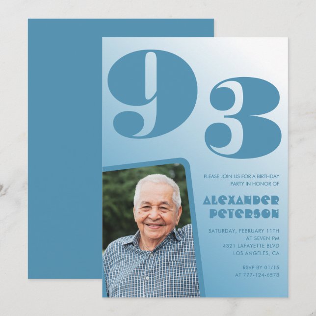 Retro blå gradient foto 93-årsdag inbjudningar (Fram/baksida)