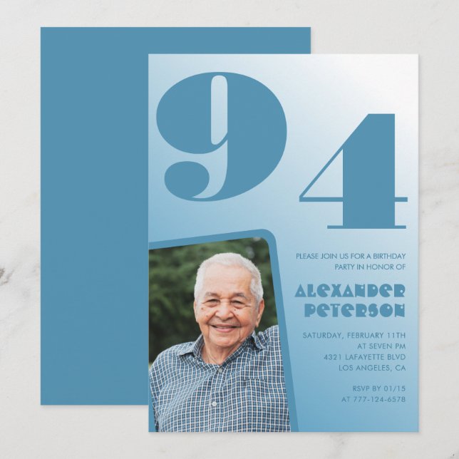 Retro Blå Gradient Foto 94-årsdag Inbjudningar (Fram/baksida)