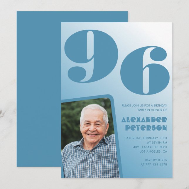 Retro Blå Gradient Foto 96-årsdag Inbjudningar (Fram/baksida)