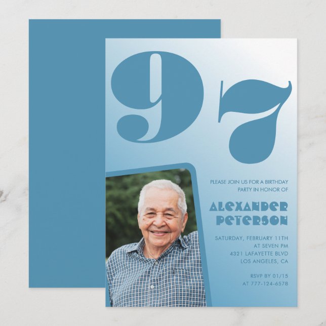Retro blå gradient foto 97-årsdag inbjudningar (Fram/baksida)