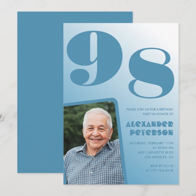 Retro Blå Gradient Foto 98-årsdag Inbjudningar (Fram/baksida)