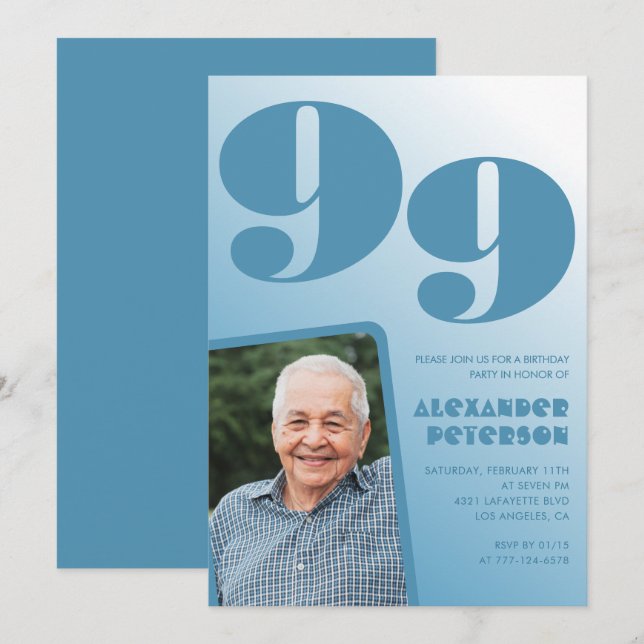 Retro blå gradient foto 99-årsdag inbjudningar (Fram/baksida)