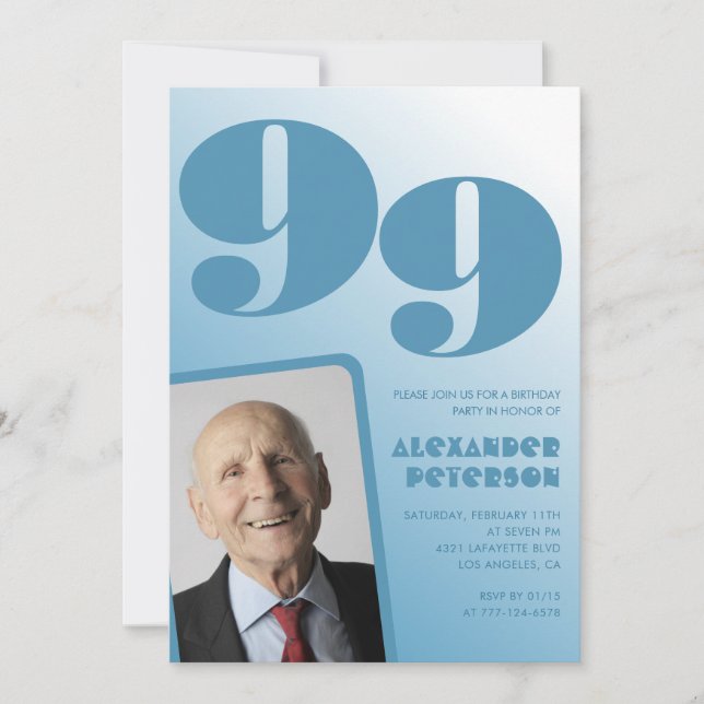 Retro blå gradient foto män 99-årsdag inbjudningar (Framsida)