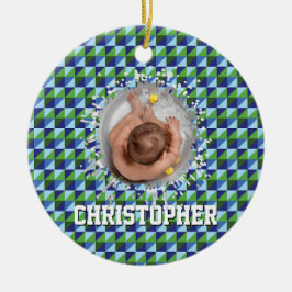 Retro Blå & Grön Geometrisk Abstrakt Bebis Julgransprydnad Keramik