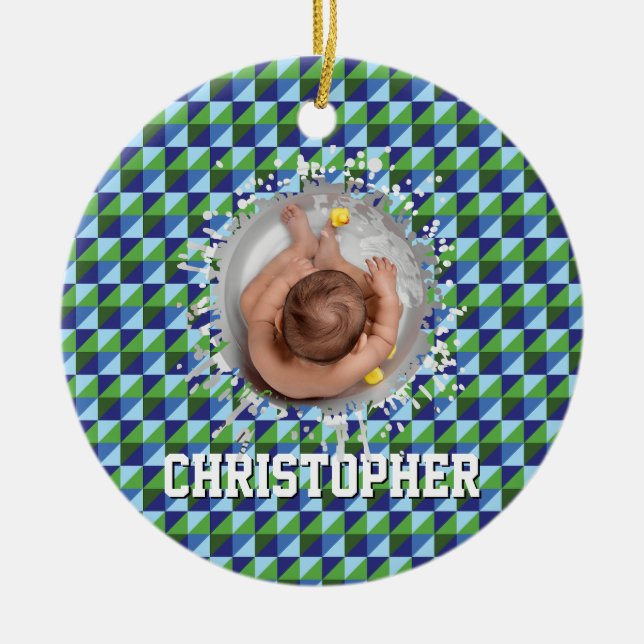 Retro Blå & Grön Geometrisk Abstrakt Bebis Julgransprydnad Keramik (Framsidan)