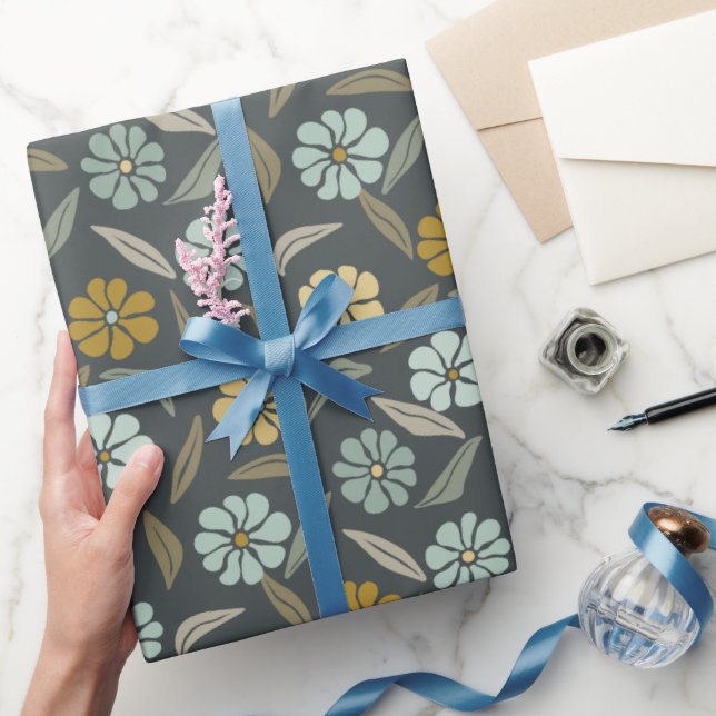 Retro Blå & Gul Blomma Presentpapper (Gifting)