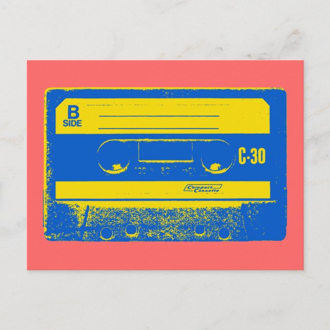 Retro Blå & Gul Kassettband Vykort (Framsida)