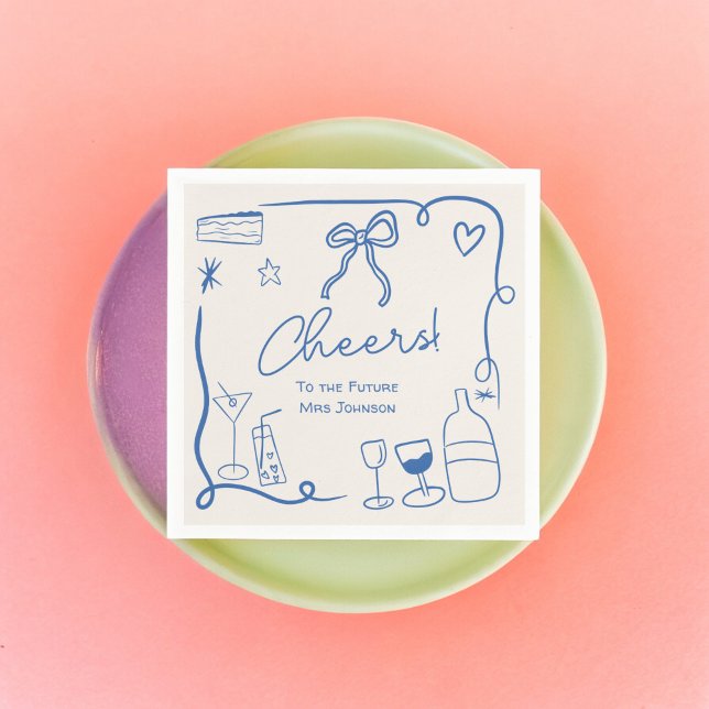 Retro blå handritad bröllopsfest för bruden pappersservett (Retro blue handdrawn illustrated bridal shower napkins)