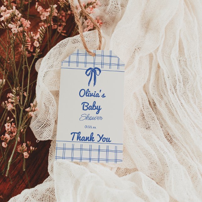 Retro Blå Handritad Gingham Slöja Baby Pojke Presentetikett (Skapare uppladdad)