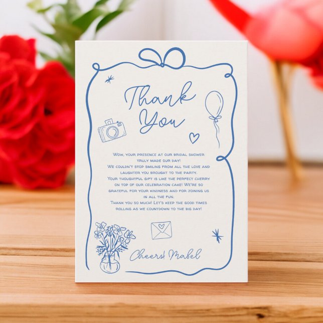 Retro blå handritad illustrerad bröllsdusch tack kort (Retro blue hand drawn illustrated bridal shower thank you card)