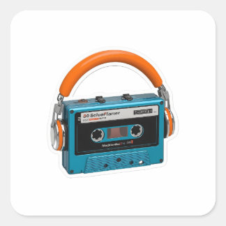 Retro blå kassettband med orange hörlurar St Fyrkantigt Klistermärke