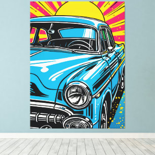 Retro Blå Klassisk Bil Fram Pop Art Illustration Canvastryck