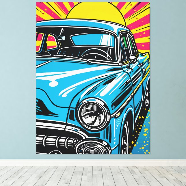 Retro Blå Klassisk Bil Fram Pop Art Illustration Canvastryck (Insitu (trägolv))