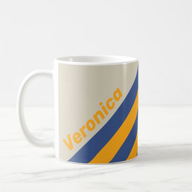 Retro Blå Krossa Solnedgångsrandiga med Namn Kaffemugg (Vänster)