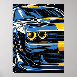 Retro Blå Muskelbil Fram Pop Art Illustration Poster