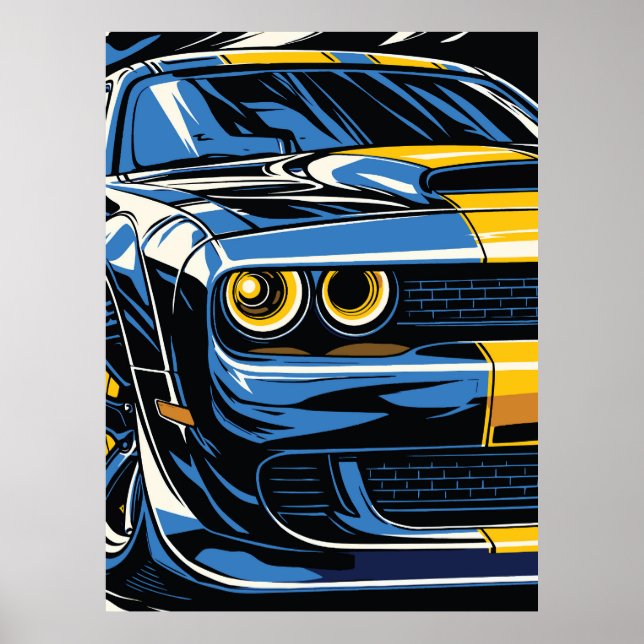 Retro Blå Muskelbil Fram Pop Art Illustration Poster (Framsidan)