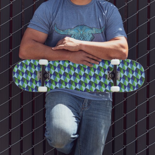 Retro blå och gröna geometriska trianglar mini skateboard bräda 18,5 cm (Utomhus 3)