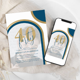 Retro Blå Och Guld 40:e Foto Födelsedag Inbjudningar