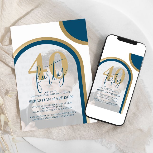 Retro Blå Och Guld 40:e Foto Födelsedag Inbjudningar (Skapare uppladdad)
