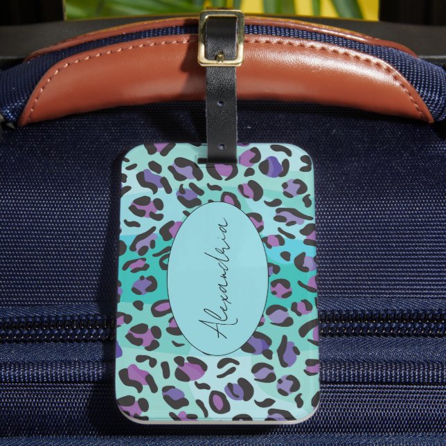 Retro Blå och Lila Leopardtryck Bagagebricka (Framsida Insitu 2)