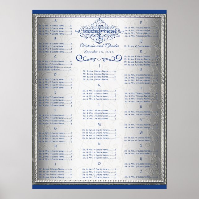 Retro Blå och Silver Bröllop Gäst Sittplatsschema Poster (Framsidan)