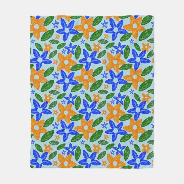 Retro Blå & Orange Blommig  Fleecefilt (Framsidan)