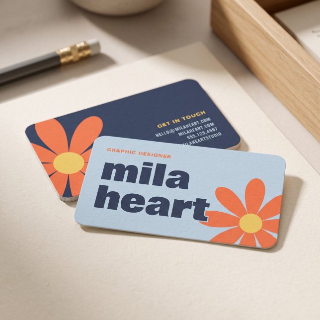Retro Blå Orange Blommig Visitkort (Simulated business cards on table)