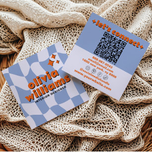 Retro Blå Orange QR-kod Groovy Rutig Trendig Fyrkantigt Visitkort