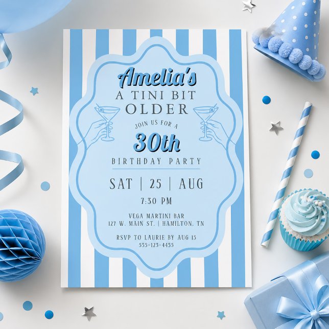 Retro Blå Randig Liten Lite äldre Martini Födelsed Inbjudningar (Retro Blue Stripe Tini Bit Older Martini Birthday Invitation)