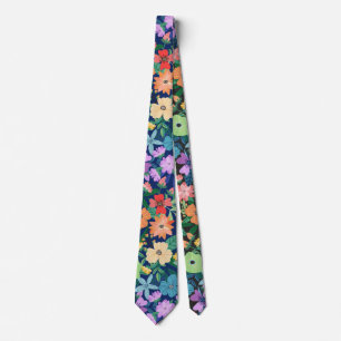 Retro Blå Regnbågsblommor Mönster Slips