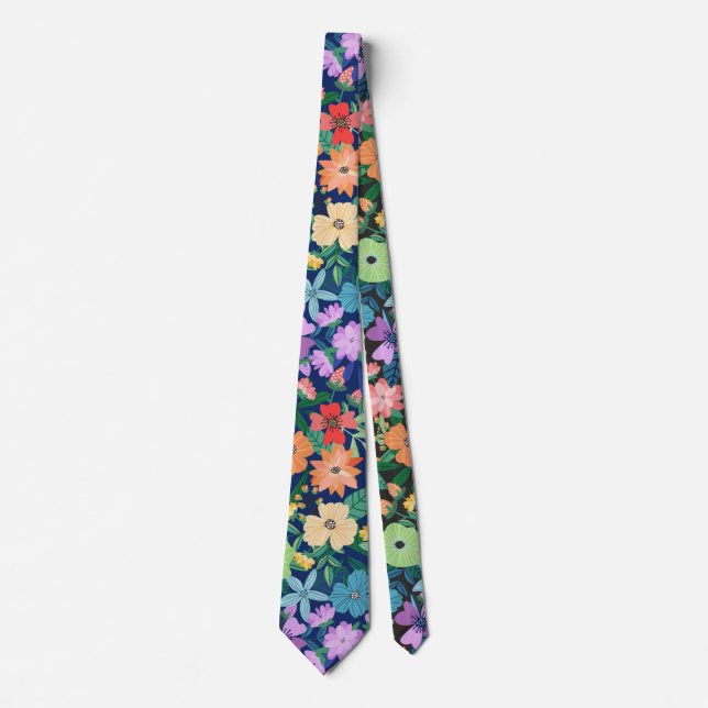 Retro Blå Regnbågsblommor Mönster Slips (Framsida)