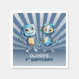 Retro Blå Robot Tema 1:a Födelsedag Pappersservett