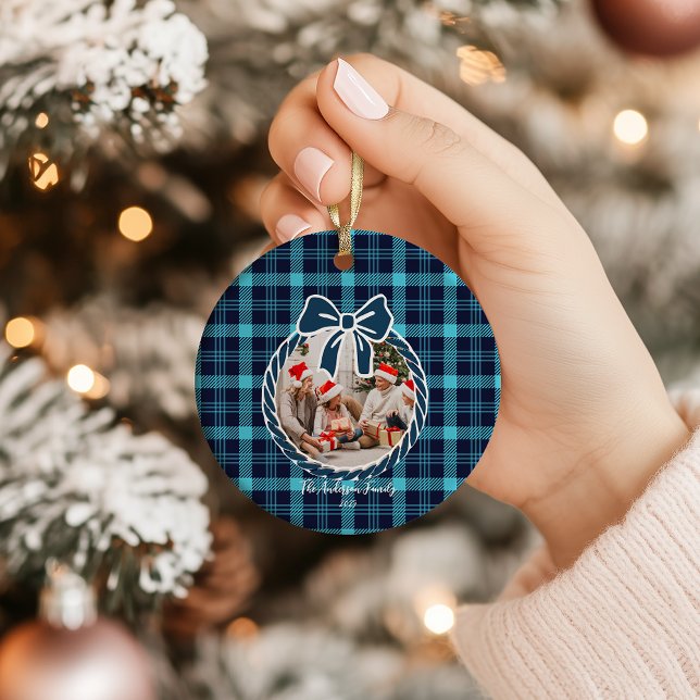 Retro Blå Rutig Whimsical Jul  Julgransprydnad Keramik (Skapare uppladdad)