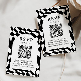 Retro Black and White Checkerboard QR Code Bröllop OSA Kort