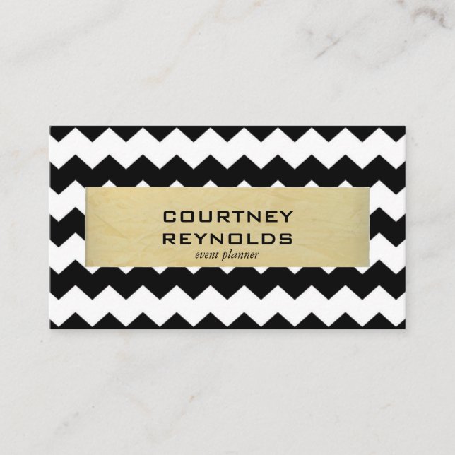 Retro Black and White Chevron Mönster Gult Visitkort (Framsida)