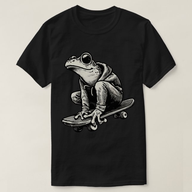 Retro Black and White Frog Skateboarder T Shirt (Design framsida)