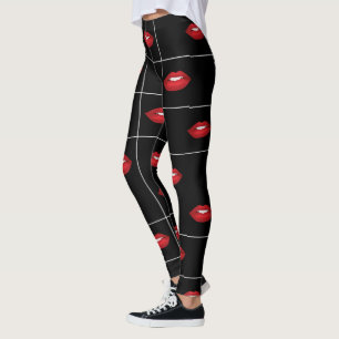 Retro Black and White Grid Mönster Red Läppar Leggings