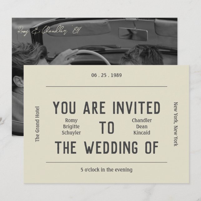 Retro Black and White Modern Photo Bröllop Inbjudningar (Fram/baksida)