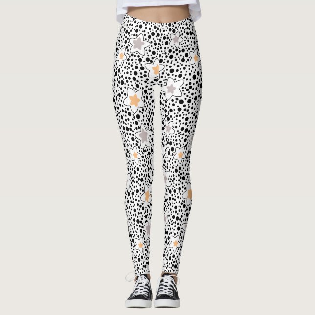 Retro Black and white polka dots med stjärnor Leggings (Framsida)