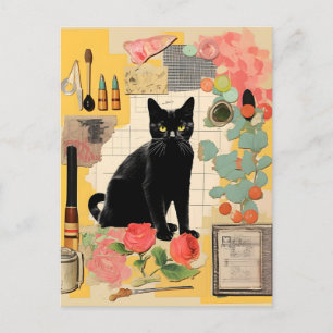 Retro Black Cat-blommor Collage Vykort