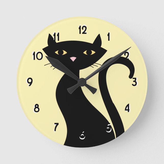 Retro Black Cat-gult Rund Klocka (Framsida)