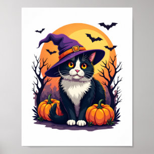 Retro Black Cat Halloween Pumpkin Costume För mana Poster