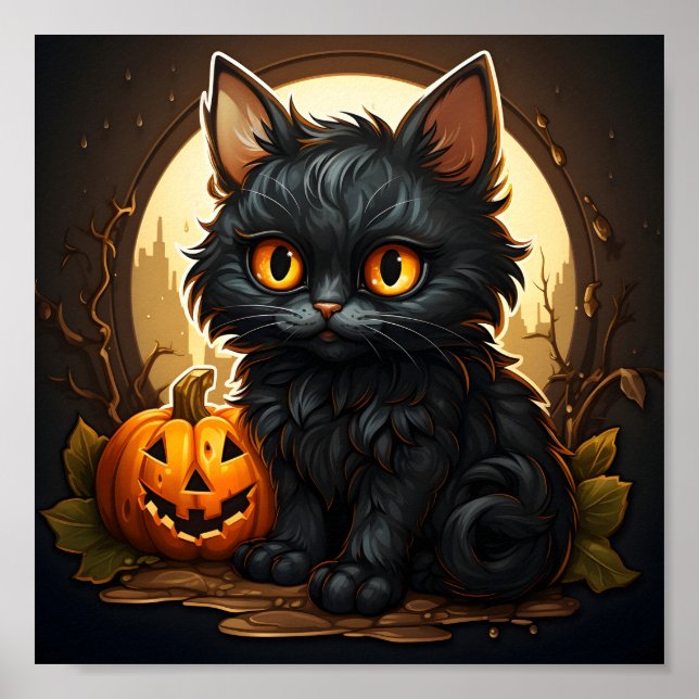 Retro Black Cat Halloween Spooky Orange Pumpkin Poster (Framsidan)