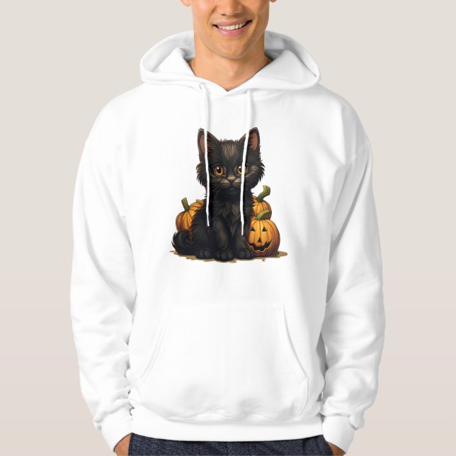 Retro Black Cat Halloween Spooky Orange Pumpkins Hoodie (Framsida)