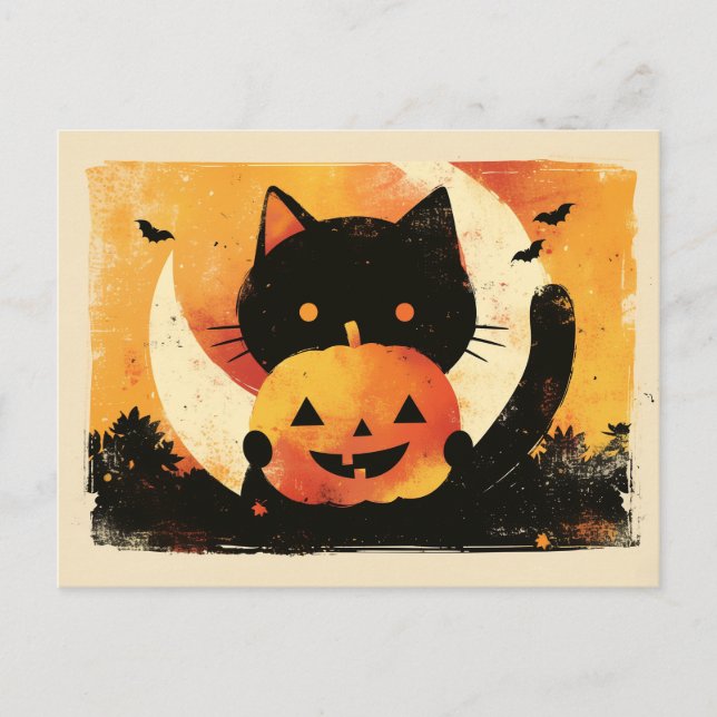 Retro Black Cat med Jack O'Lantern Vykort (Framsida)
