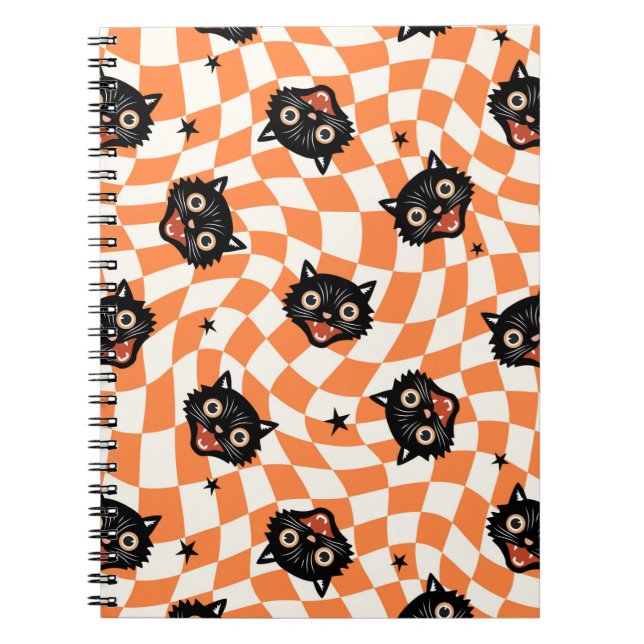 Retro Black Cat Orange Check Mönster Anteckningsbok (Framsidan)