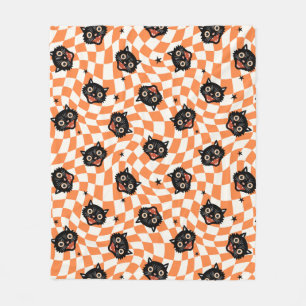 Retro Black Cat Orange Check Mönster Fleecefilt
