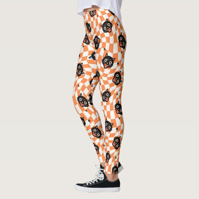 Retro Black Cat Orange Check Mönster Leggings (Vänster)