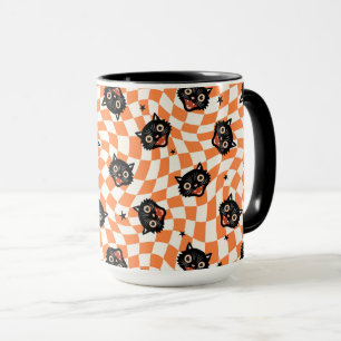 Retro Black Cat Orange Check Mönster Mugg